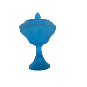 COPY - Vintage Indiana Glass Blue Satin Pressed Glass Pedestal Candy Jar Harves…